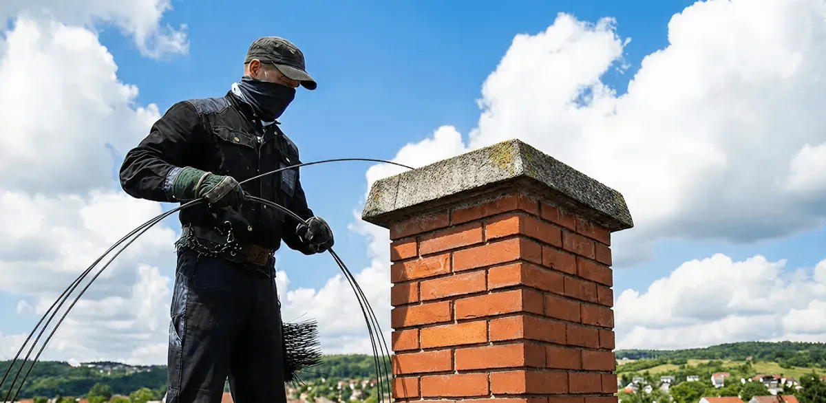 Chimney sweep cleaning a brick chimney with professional tools in Sterling Heights, MI
